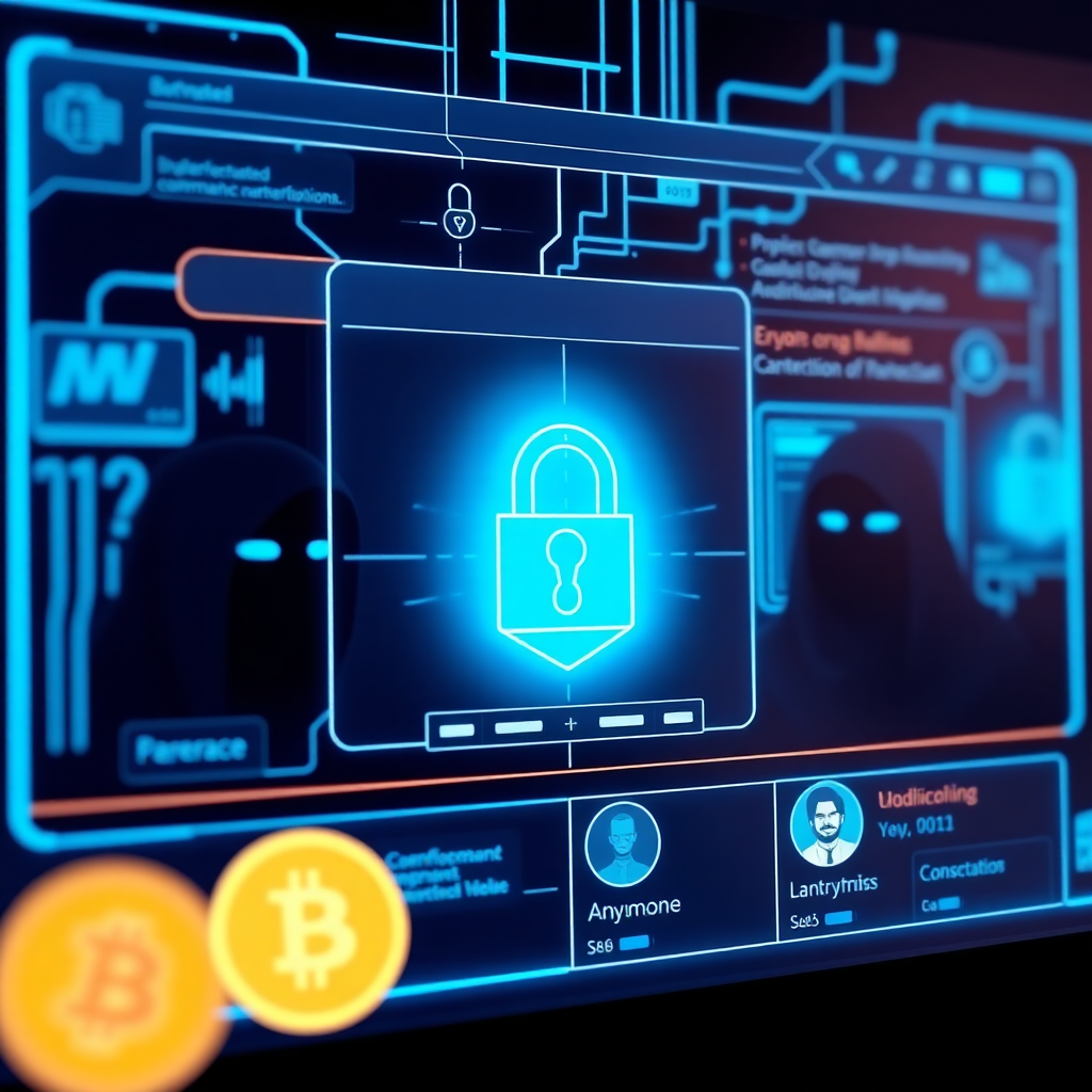 Secure digital marketplace interface showing encrypted communications, cryptocurrency transactions, and anonymous user profiles with red neon accents