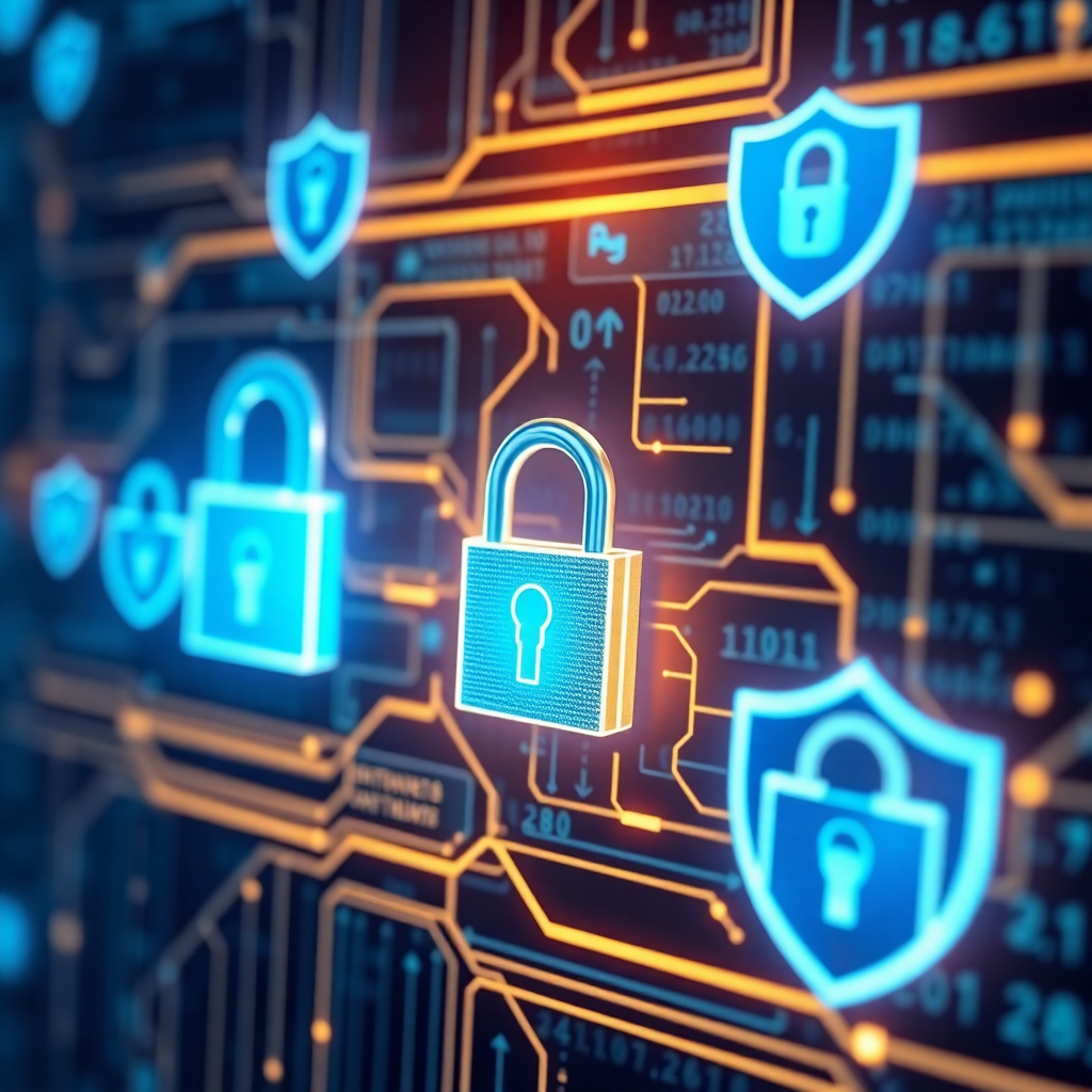 Cybersecurity concept showing digital locks, encryption keys, and security shields with red neon glow protecting user data