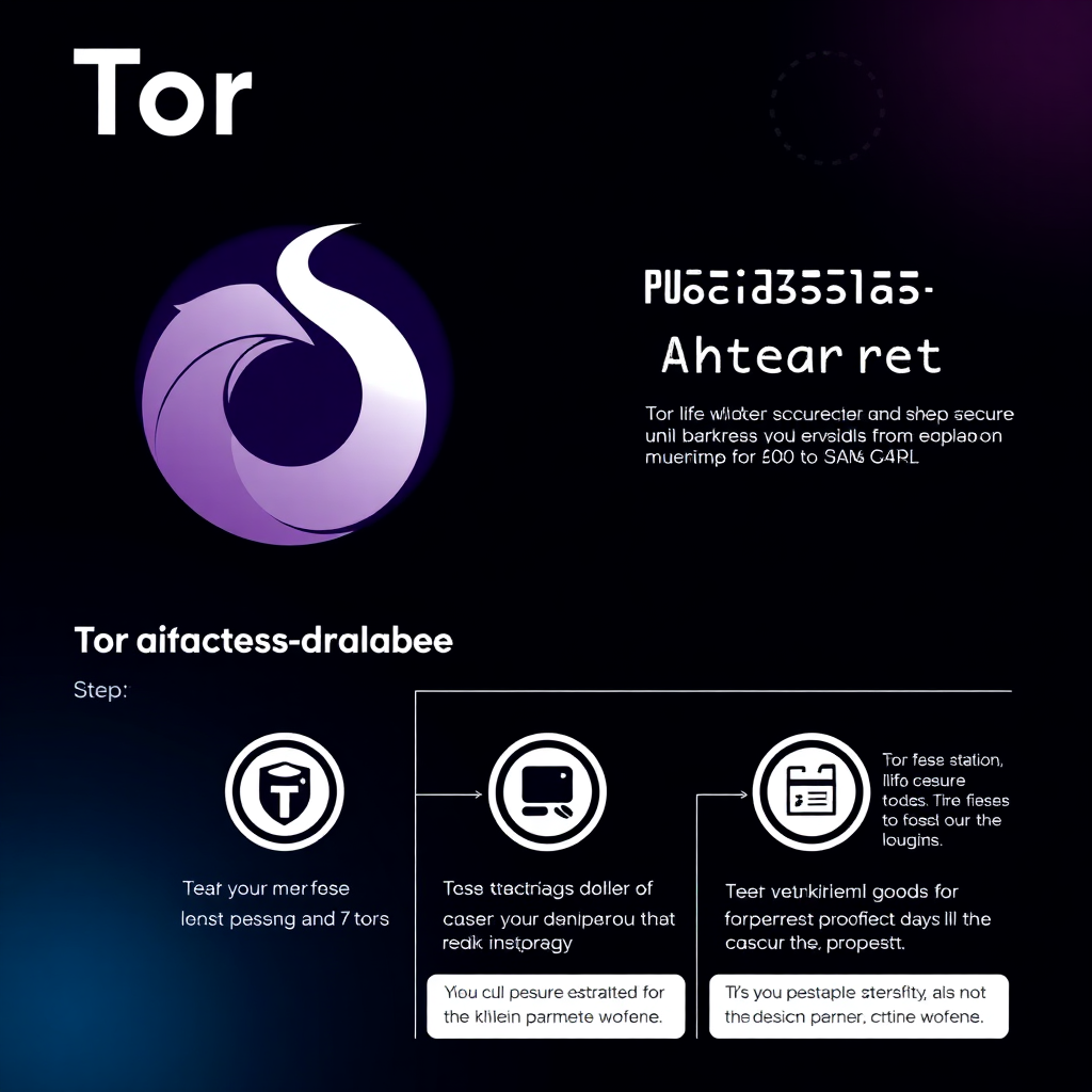 Tor Browser logo with a digital shield and step-by-step infographic for secure darknet access