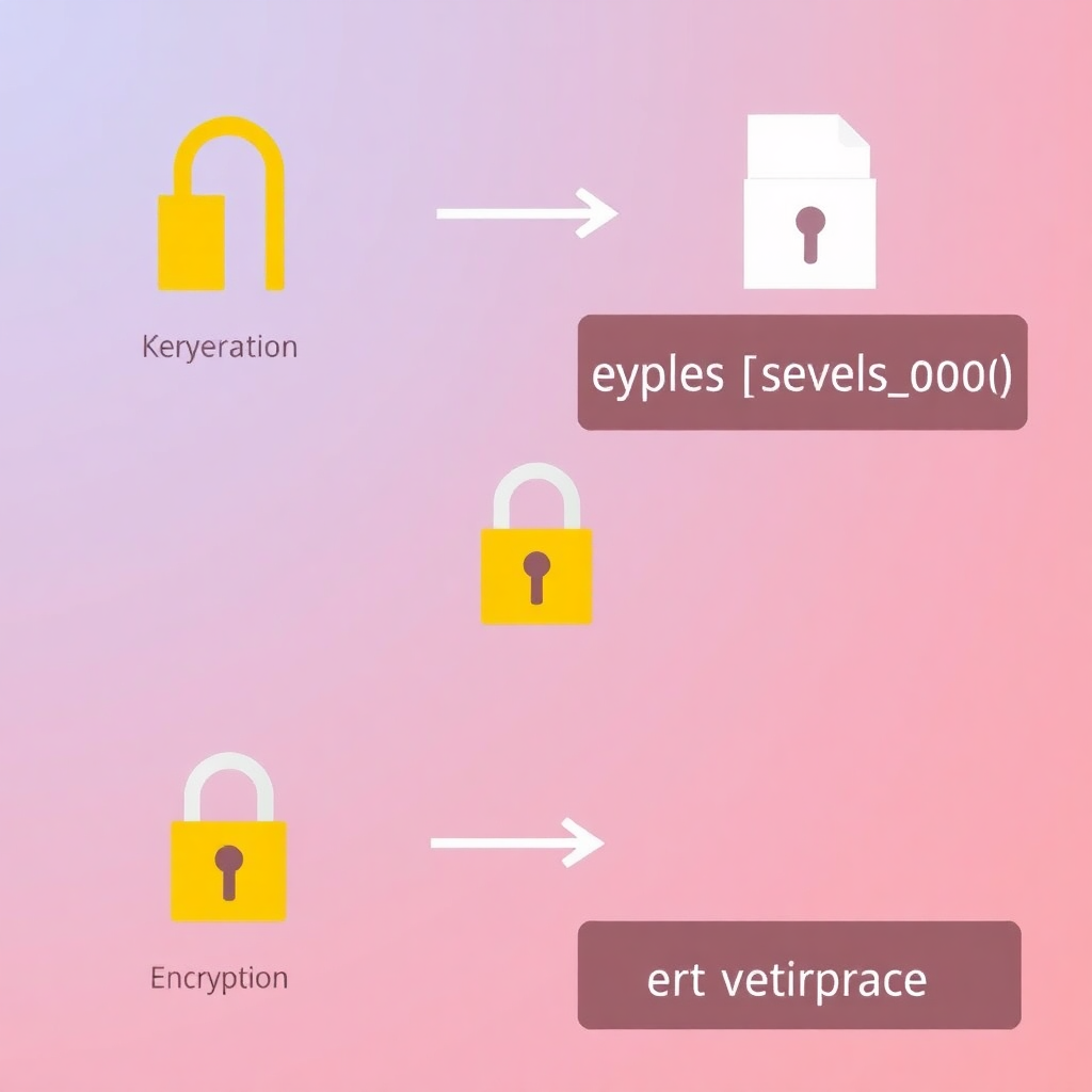 PGP encryption process: key generation, message encryption, and signature verification with digital lock icons in red neon