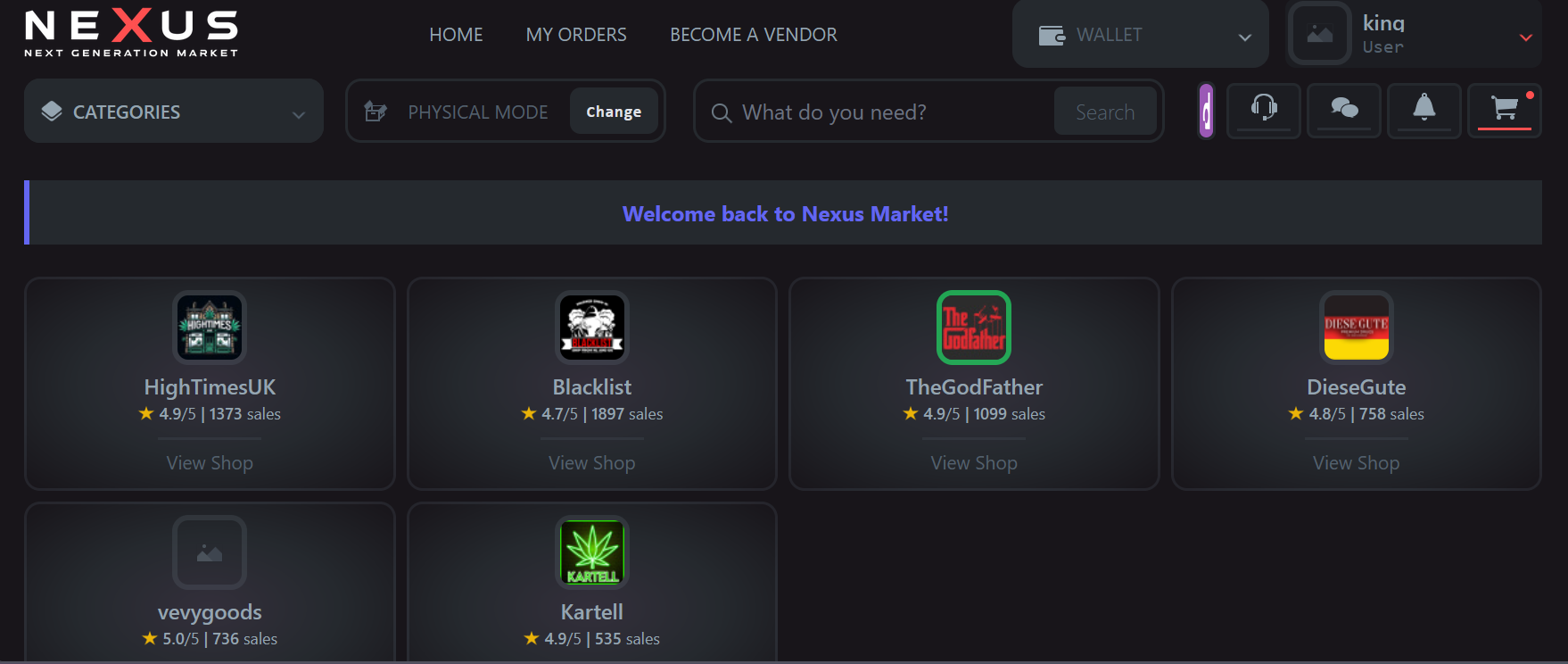 A sleek, cyberpunk-styled dashboard screenshot showing the Nexus Access marketplace interface with product categories, cryptocurrency balances, and security indicators. The UI is dark with neon red highlights and a clean, modern layout.