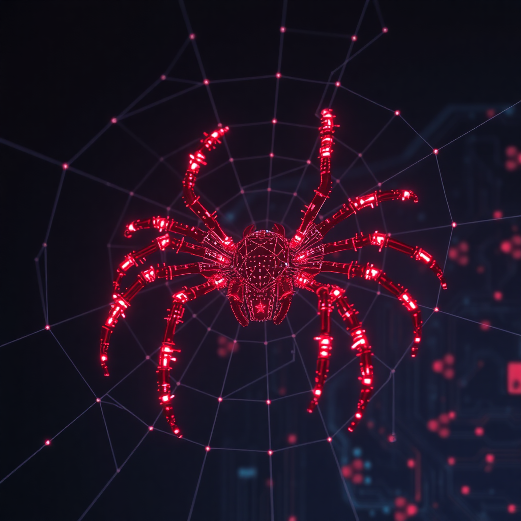 A cyberpunk digital spider with glowing red eyes guarding a futuristic marketplace interface, representing a secure Nexus Access onion mirror